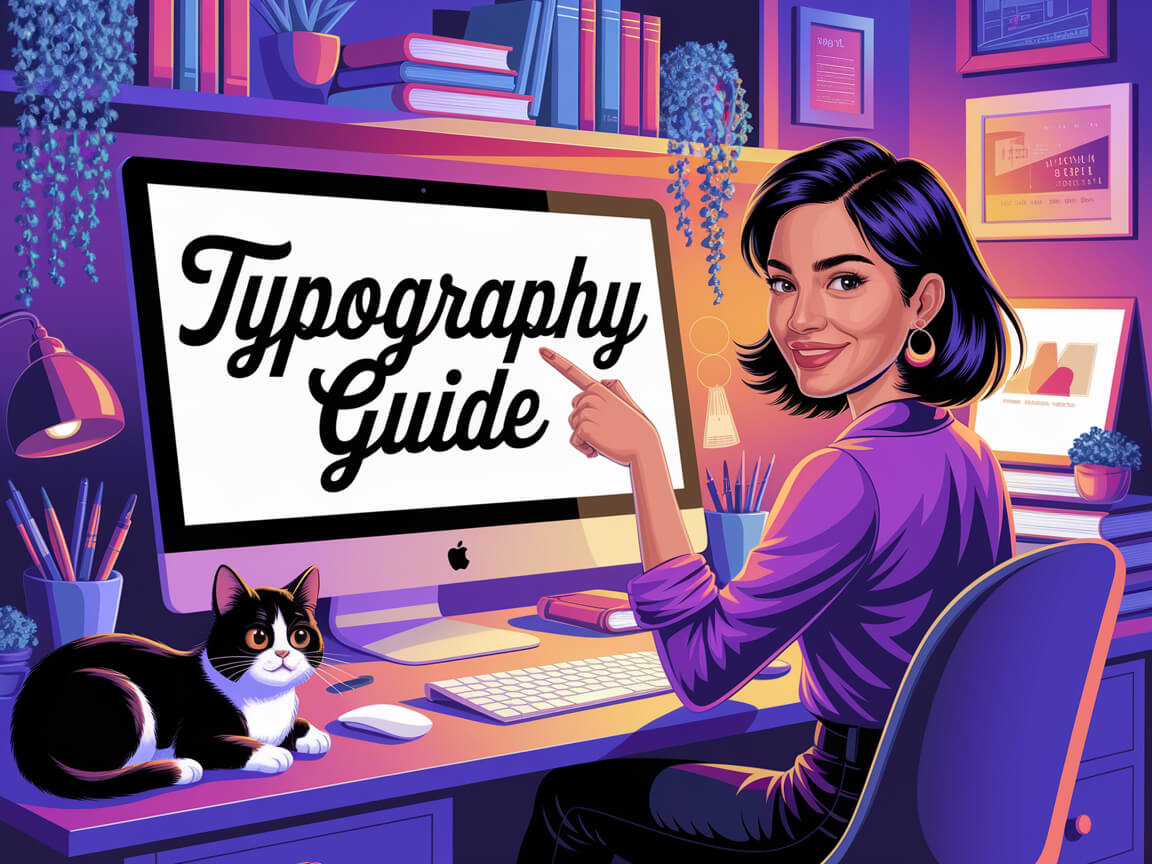 Typography 101: History, Best Practices, and Common Mistakes 1 A person points to a computer displaying "Typography Guide." A cat sits beside them in a colorful, organized workspace.
