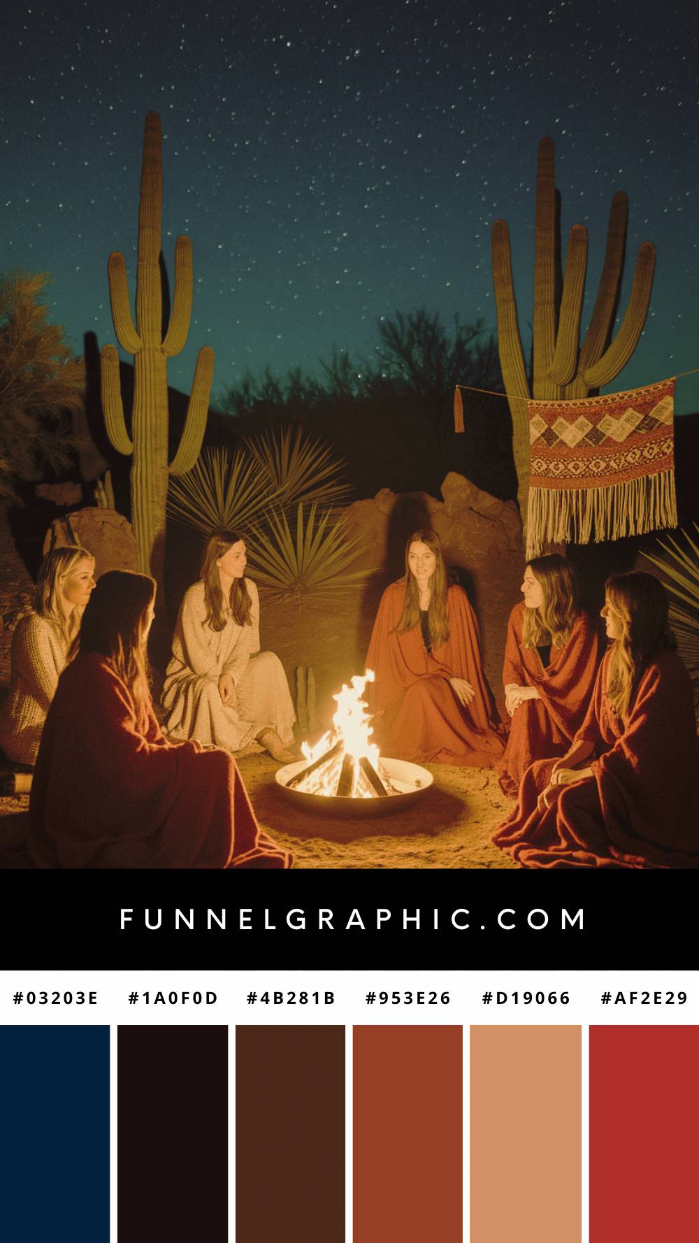 Seven people in robes sit around a campfire under a starry desert sky, with cacti and a patterned textile decoration nearby.