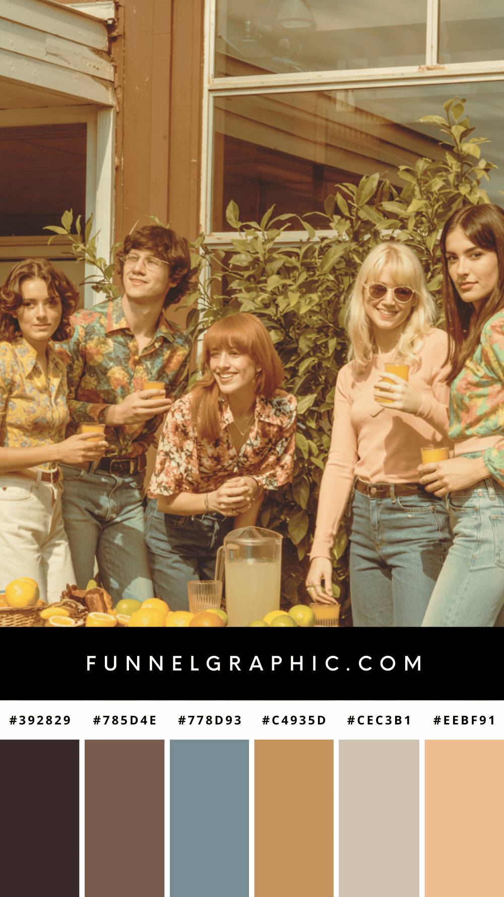 Five persons in retro attire enjoy drinks outside, surrounded by greenery and citrus fruits, exuding a nostalgic, vintage atmosphere.