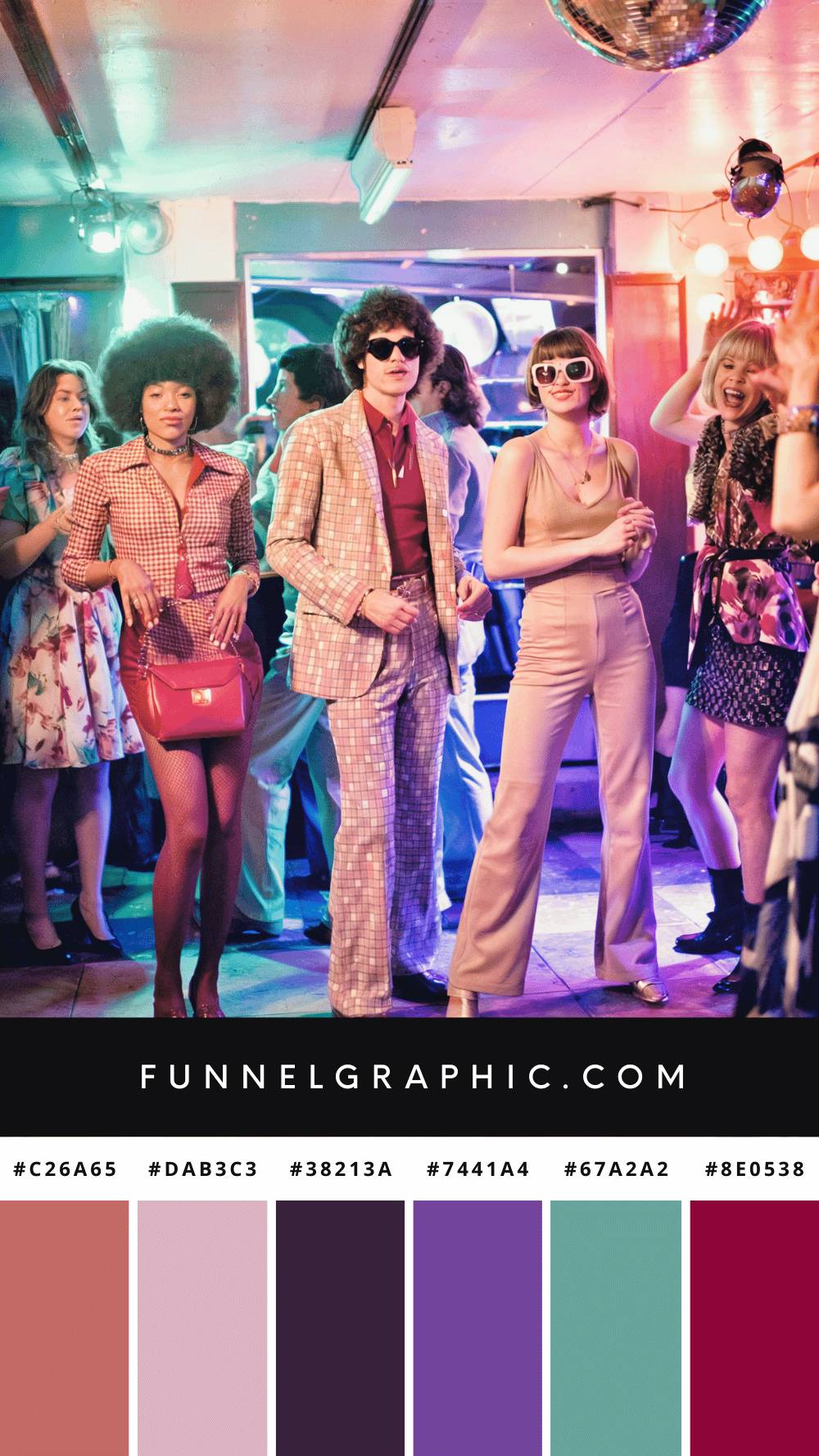 A group of people in 1970s attire at a disco, under a mirrorball. Vibrant color palette is displayed below scene.