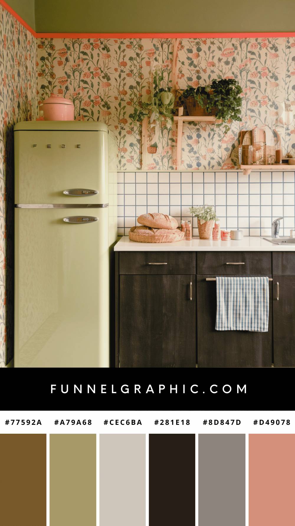 Cozy retro kitchen with floral wallpaper, green fridge, and wooden cabinets; bread and plants decorate the counter. Earthy color palette displayed.