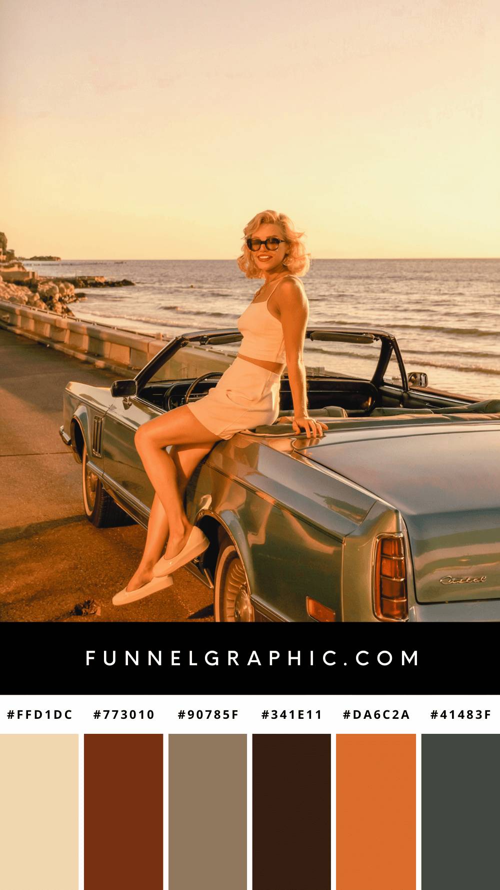 A person relaxes on a vintage convertible car at sunset by the ocean, with a scenic coastal background and retro style.