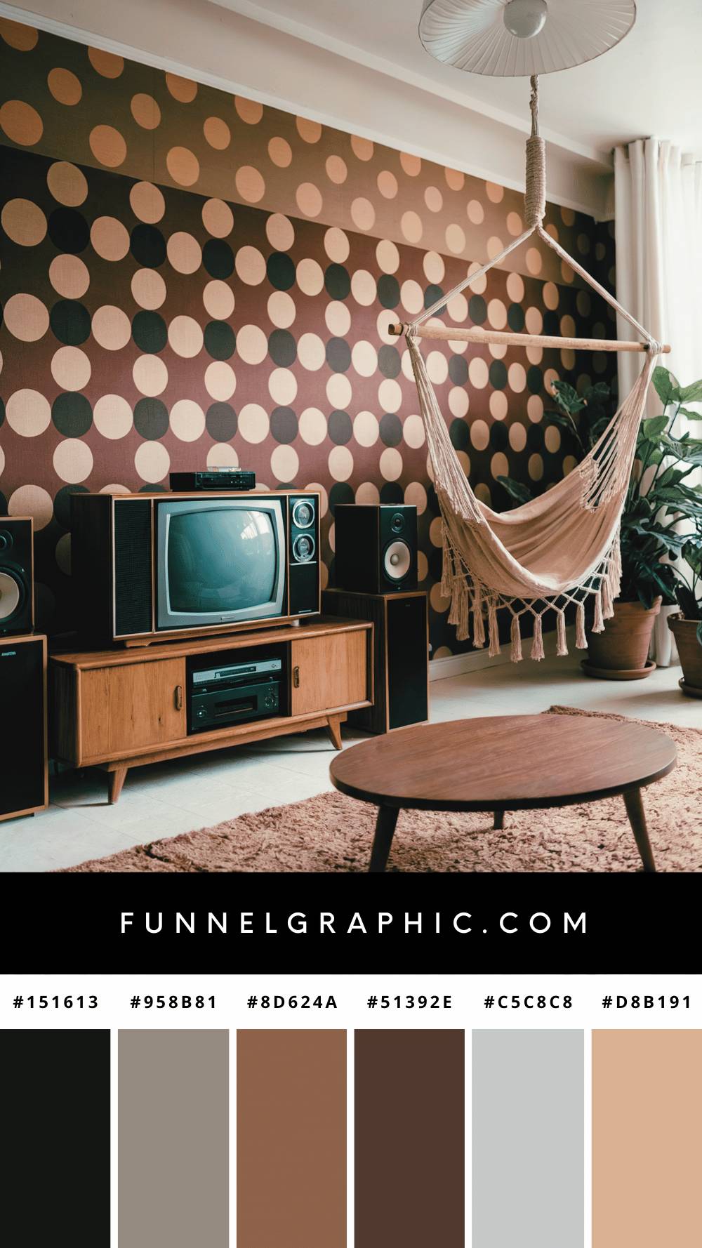 Retro living room with polka dot wallpaper, vintage TV, hanging hammock, wooden table, and a color palette for design inspiration.