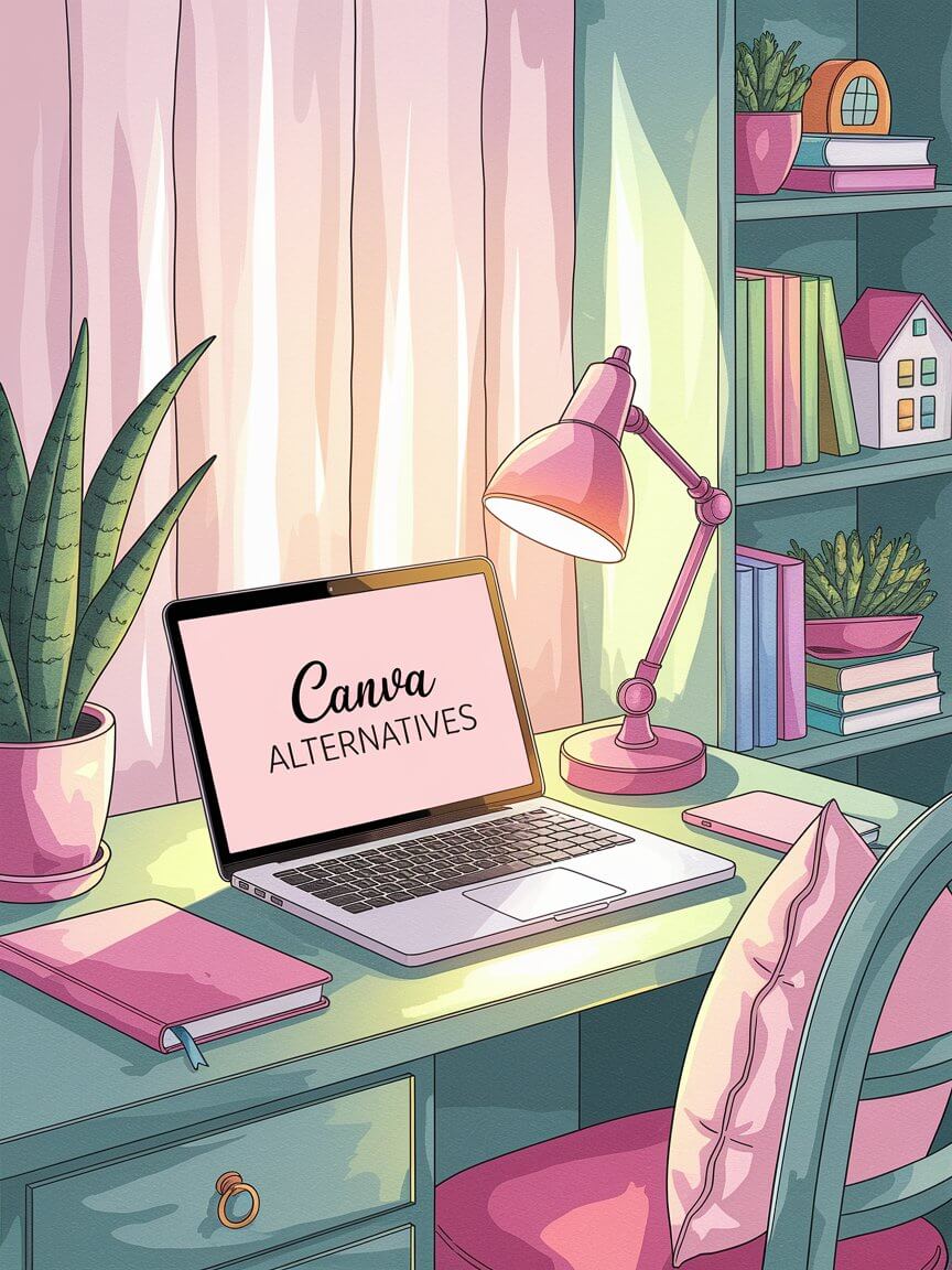 What Are Canva Alternatives 1 A cozy desk setup features a laptop displaying "Canva Alternatives," surrounded by books, plants, and pink decor under warm lighting.