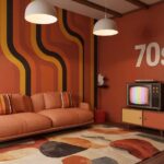 A retro 70s-themed room features bold orange walls, striped patterns, a vintage TV, and a classic sofa, embodying nostalgic interior design.