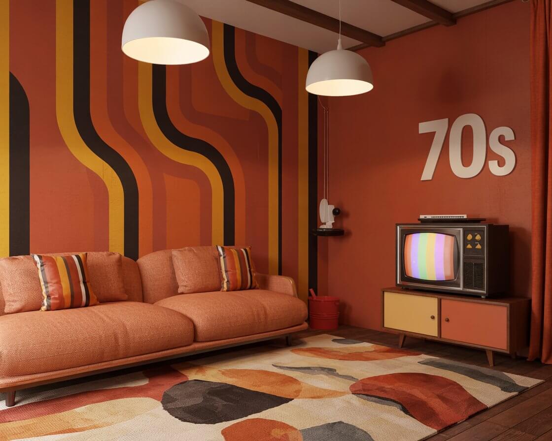 A retro 70s-themed room features bold orange walls, striped patterns, a vintage TV, and a classic sofa, embodying nostalgic interior design.