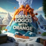 A snowy mountain scene with vibrant oranges erupting, surrounded by text: "BRAND LOGOS WITH ORANGE" and "Orange" in bold letters.