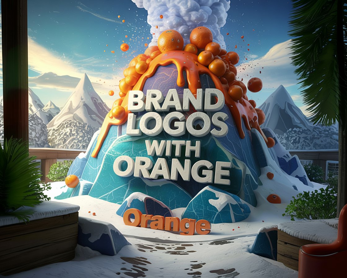 79 Brands That Use Orange Brilliantly in Their Logos 1 A snowy mountain scene with vibrant oranges erupting, surrounded by text: "BRAND LOGOS WITH ORANGE" and "Orange" in bold letters.