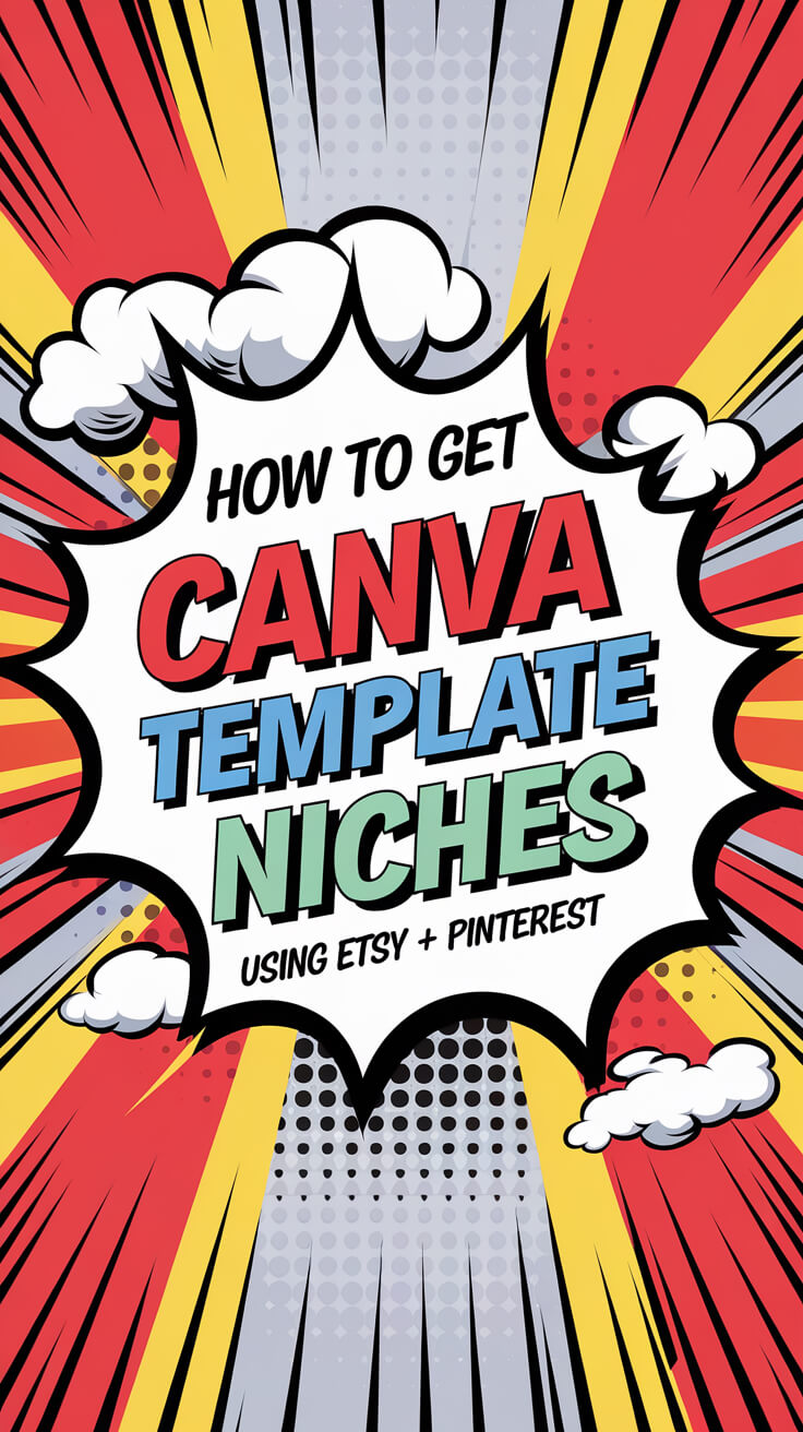 Comic-style graphic with explosive design, featuring the text "How to Get Canva Template Niches Using Etsy + Pinterest" in bold colors.