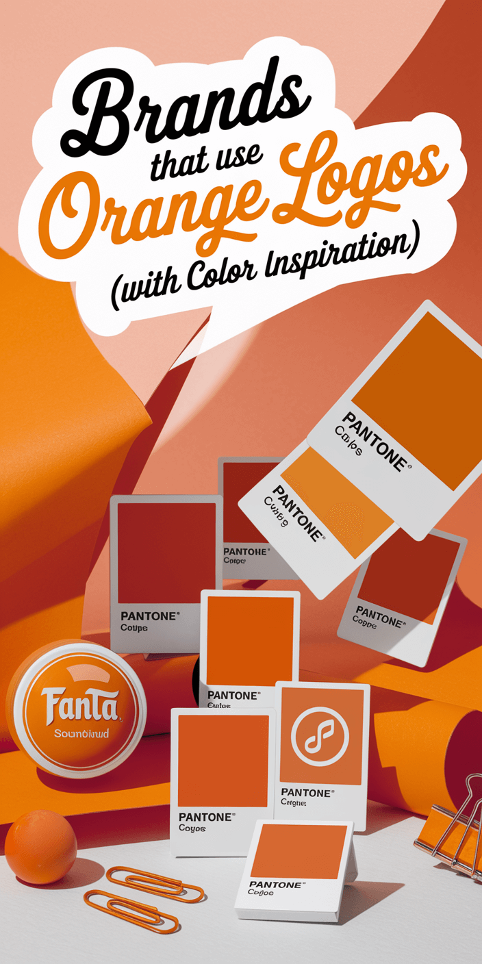Promotional image for brands using orange logos, featuring Pantone color swatches, Fanta branding, orange paper, and office supplies on a pink background.