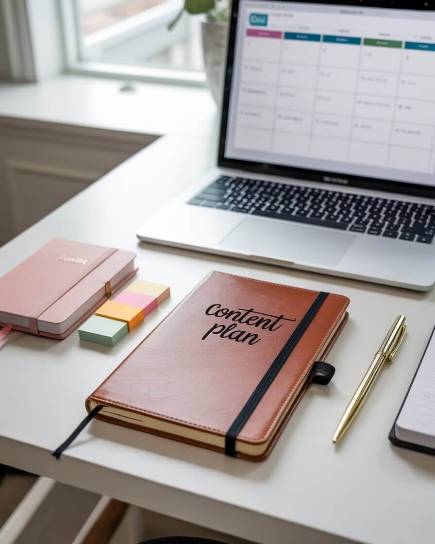 A workspace with a laptop displaying a calendar, a "content plan" notebook, sticky notes, and a pen on a desk.