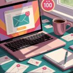 A laptop on a desk displays email graphics. A cup of coffee, notepad, and envelopes surround it. Sunlight shines through a nearby window.