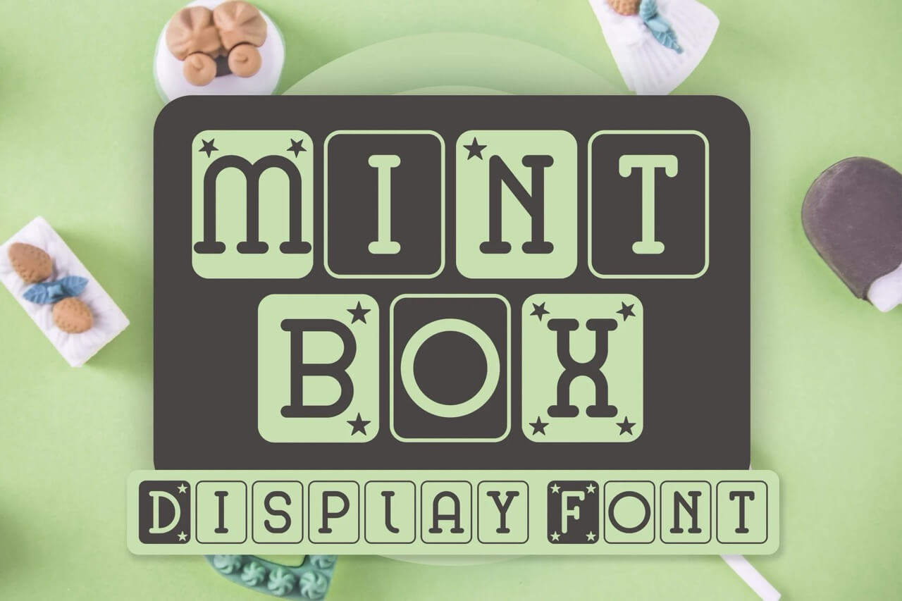 17 Fonts With Star Symbols That Actually Look Good 2 Mint green and black display font design, titled "Mint Box." Surrounded by small sweets on a green background.