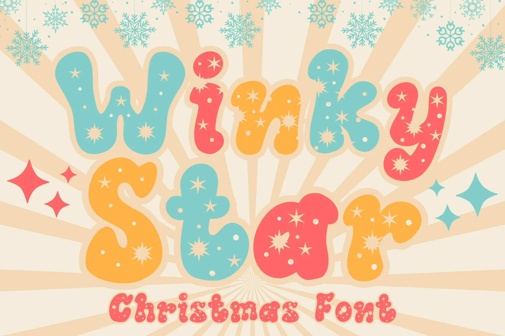 17 Fonts With Star Symbols That Actually Look Good 3 Colorful, playful text reading "Winky Star Christmas Font" with stars and snowflakes as festive decorations, set against a radial backdrop.