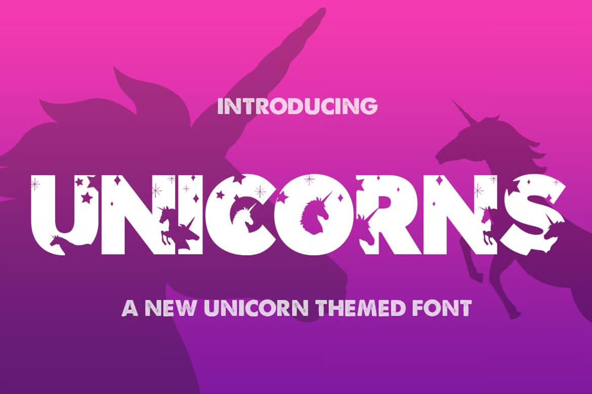 17 Fonts With Star Symbols That Actually Look Good 4 Colorful graphic featuring unicorn-themed font, showcasing silhouettes of unicorns. The words "Introducing Unicorns" highlight this whimsical, creative design element.