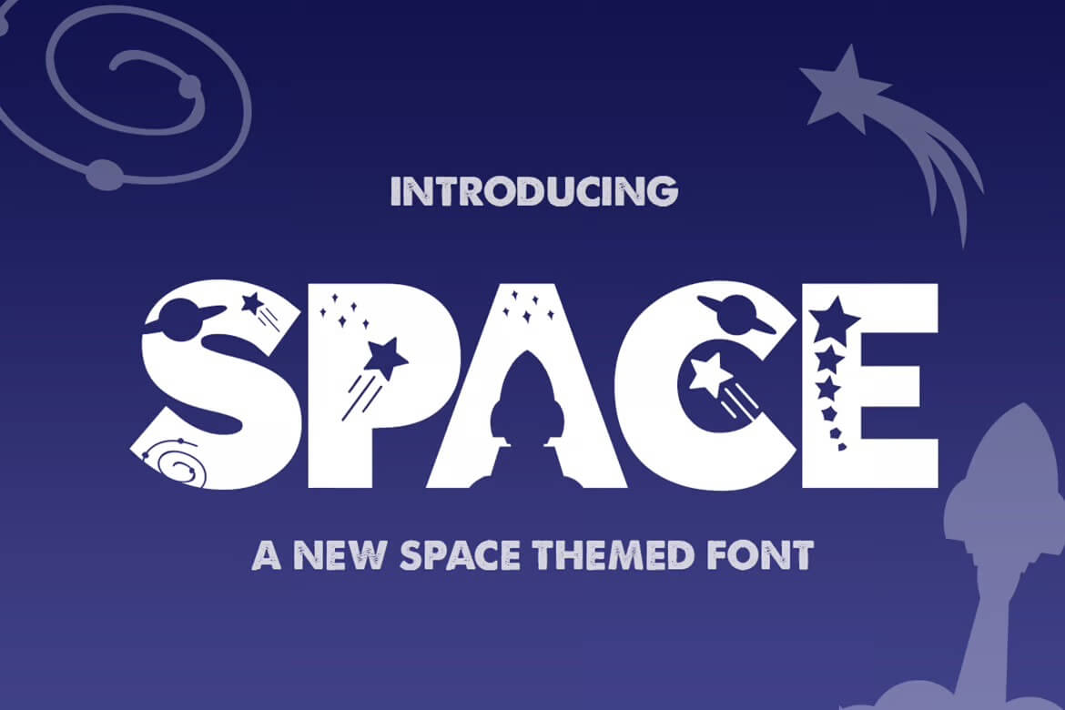 17 Fonts With Star Symbols That Actually Look Good 6 Bold space-themed font graphic with cosmic elements, planets, stars, and a rocket silhouette on a deep blue background. Text reads, "Introducing SPACE."