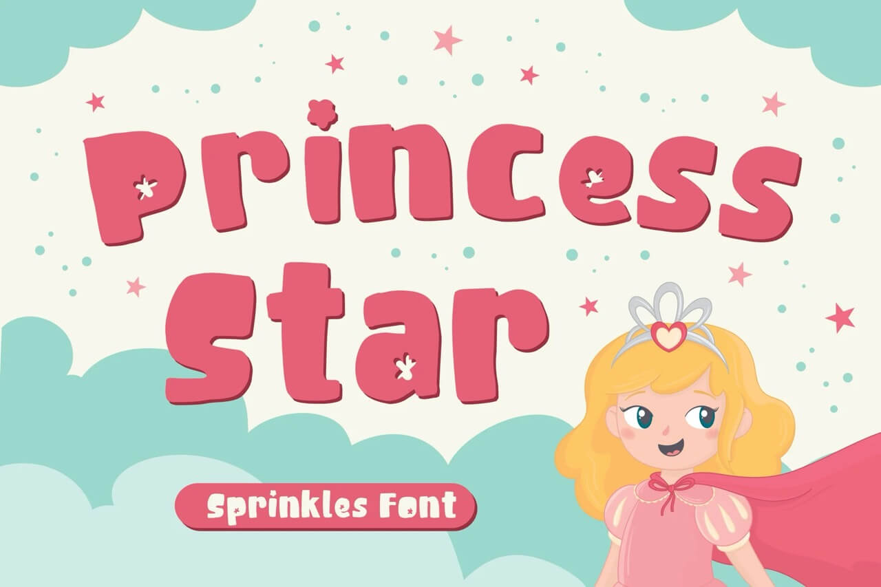 17 Fonts With Star Symbols That Actually Look Good 10 Playful children's text "Princess Star" with a cartoon character. Pink and blue color scheme with clouds and star illustrations.