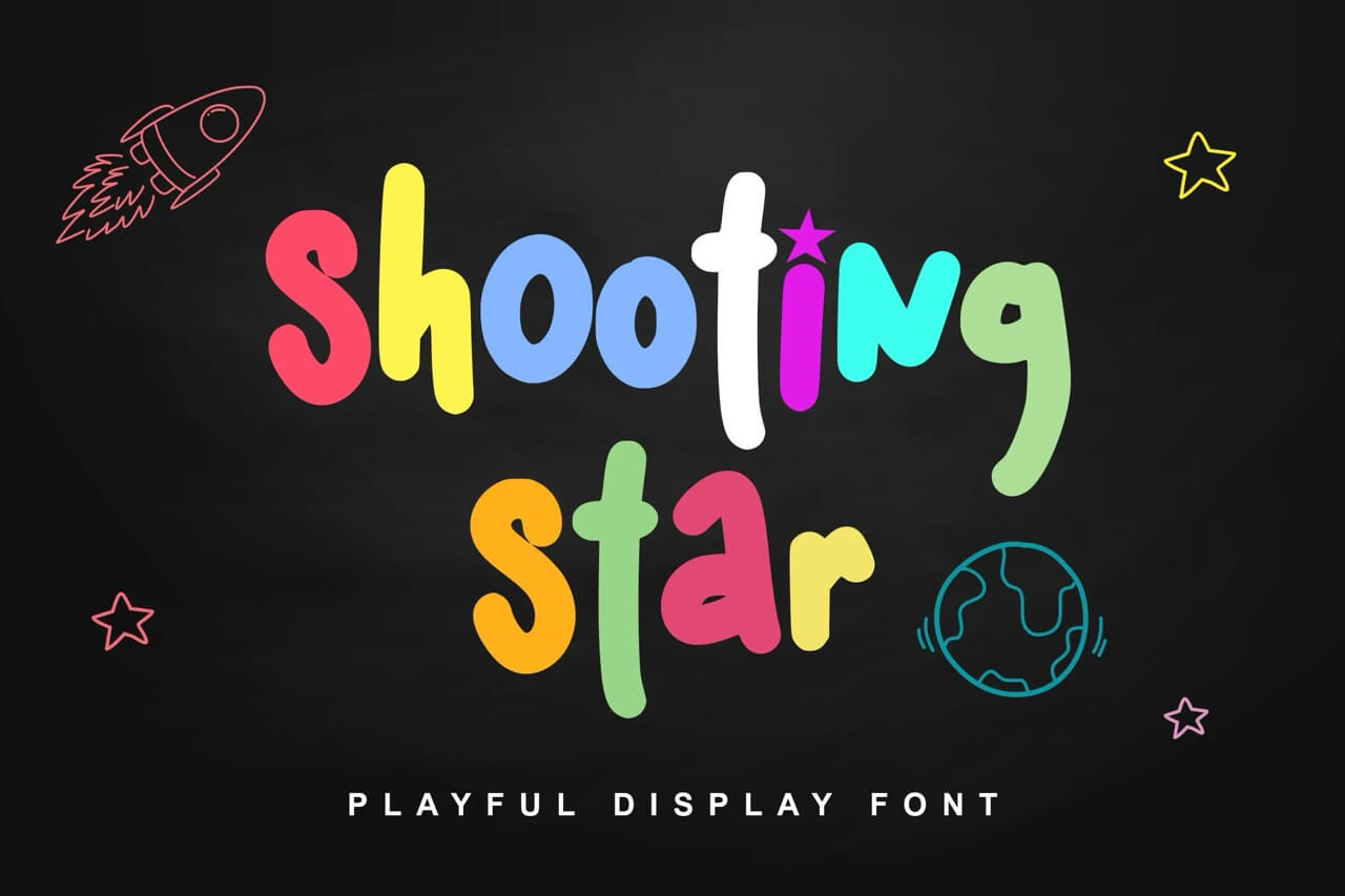 17 Fonts With Star Symbols That Actually Look Good 13 Colorful text "Shooting Star" on black background, surrounded by a rocket, stars, and Earth illustration. Labeled as a playful display font.