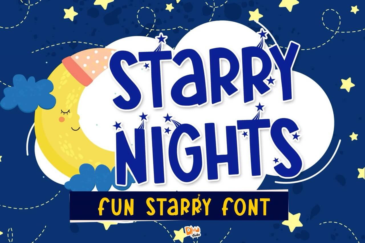 17 Fonts With Star Symbols That Actually Look Good 14 Playful illustration featuring a smiling moon, stars, clouds, and text: "Starry Nights Fun Starry Font" on a night sky background.