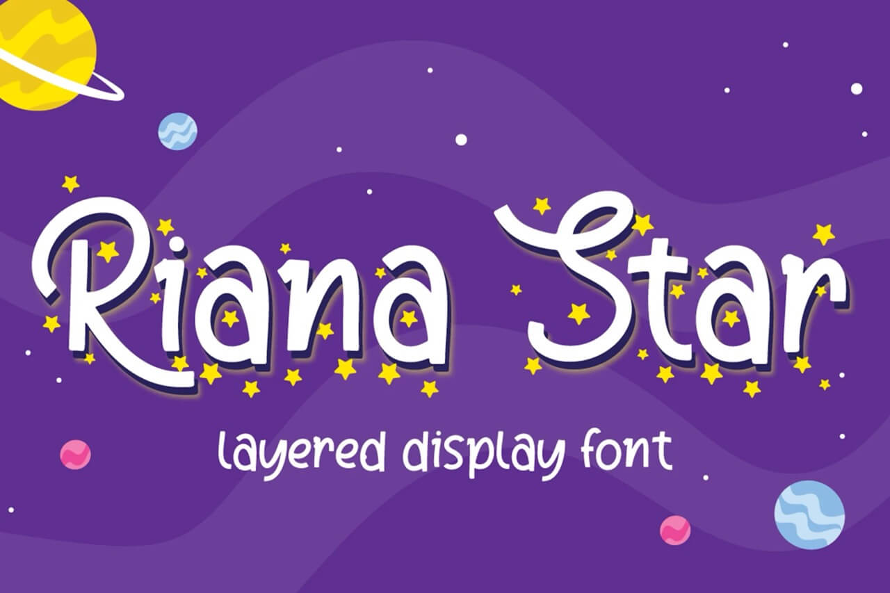 17 Fonts With Star Symbols That Actually Look Good 17 Whimsical font "Riana Star" with stars and planets on a purple background. Includes the phrase "layered display font."