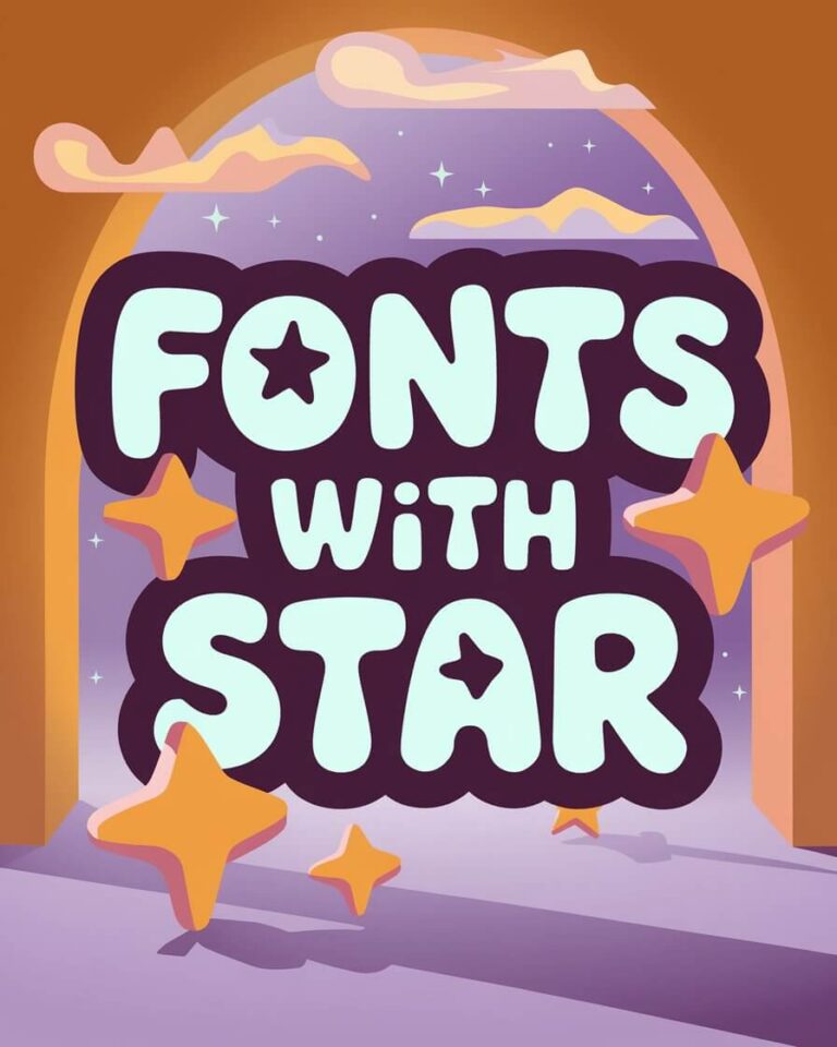 Whimsical text "FONTS WITH STAR" surrounded by playful stars, clouds, and a purple archway, creating a dreamy atmosphere.