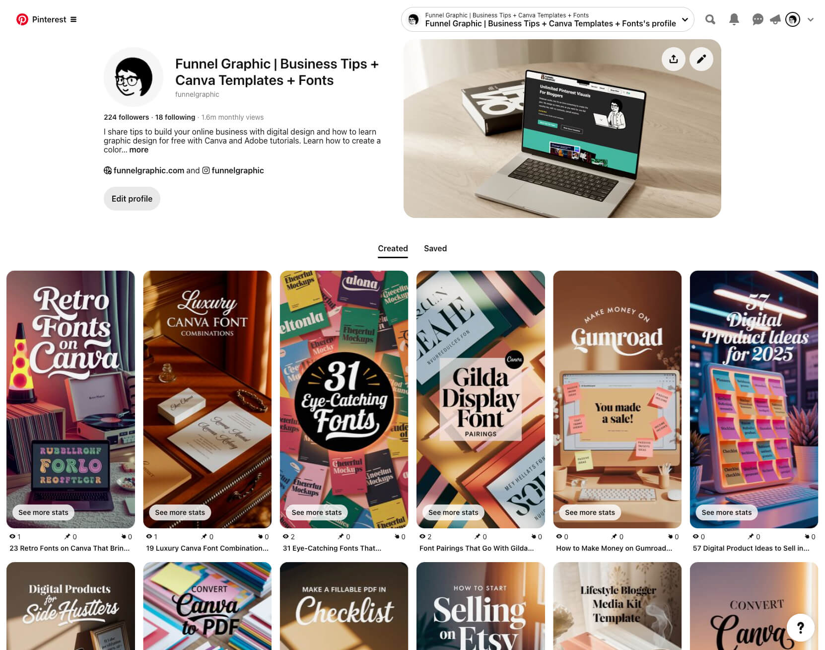 Pinterest profile showcasing business tips, Canva templates, and fonts. Includes various graphics like "Retro Fonts on Canva" and "Gilda Display Font Pairings."