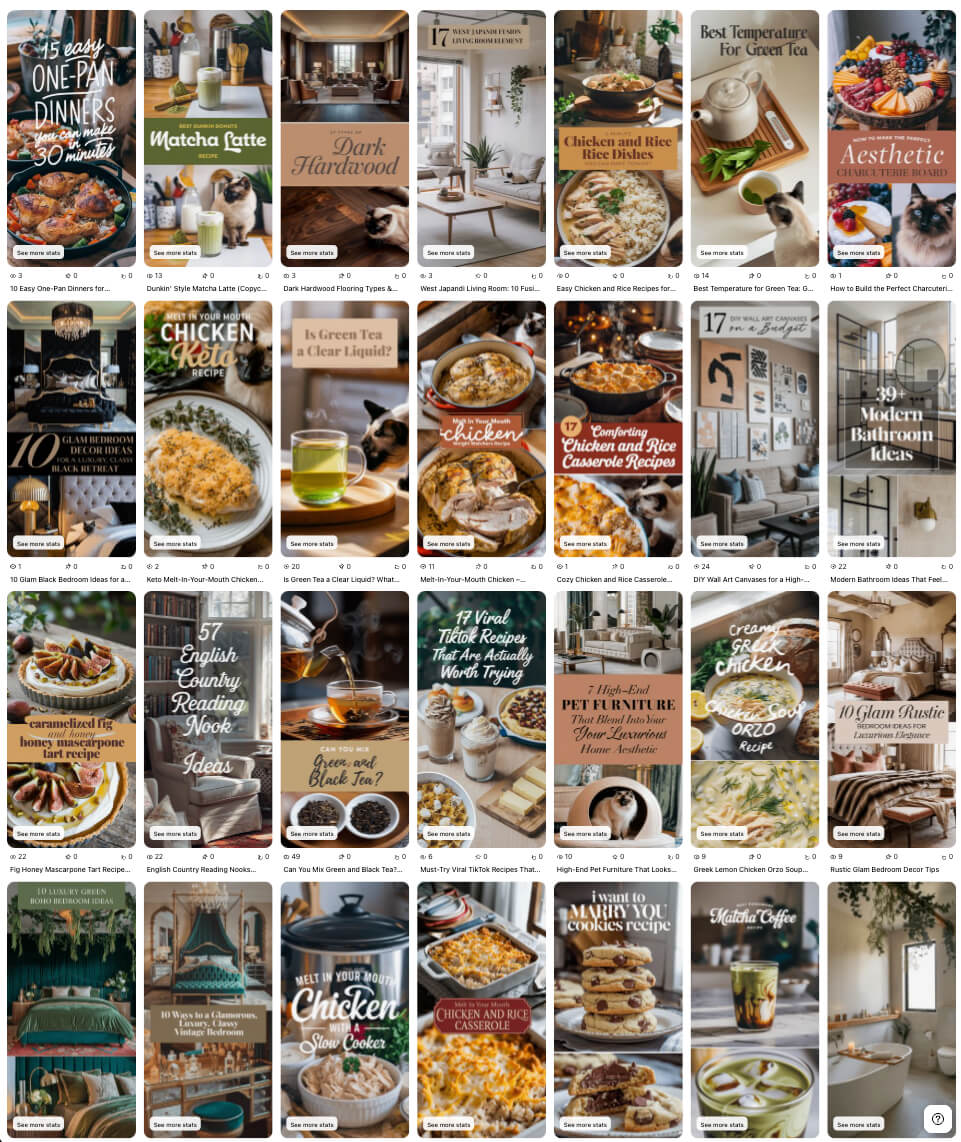 Collage of recipe and home decor images, featuring dishes, teas, and interior design ideas with modern aesthetics. Includes various text overlays.