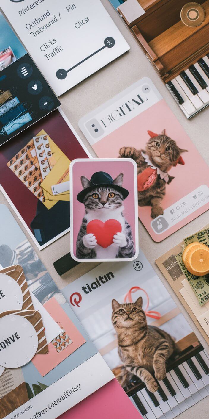 A collection of cat-themed photos, graphics, and text, including a cat with a heart, displayed on a surface with various items.