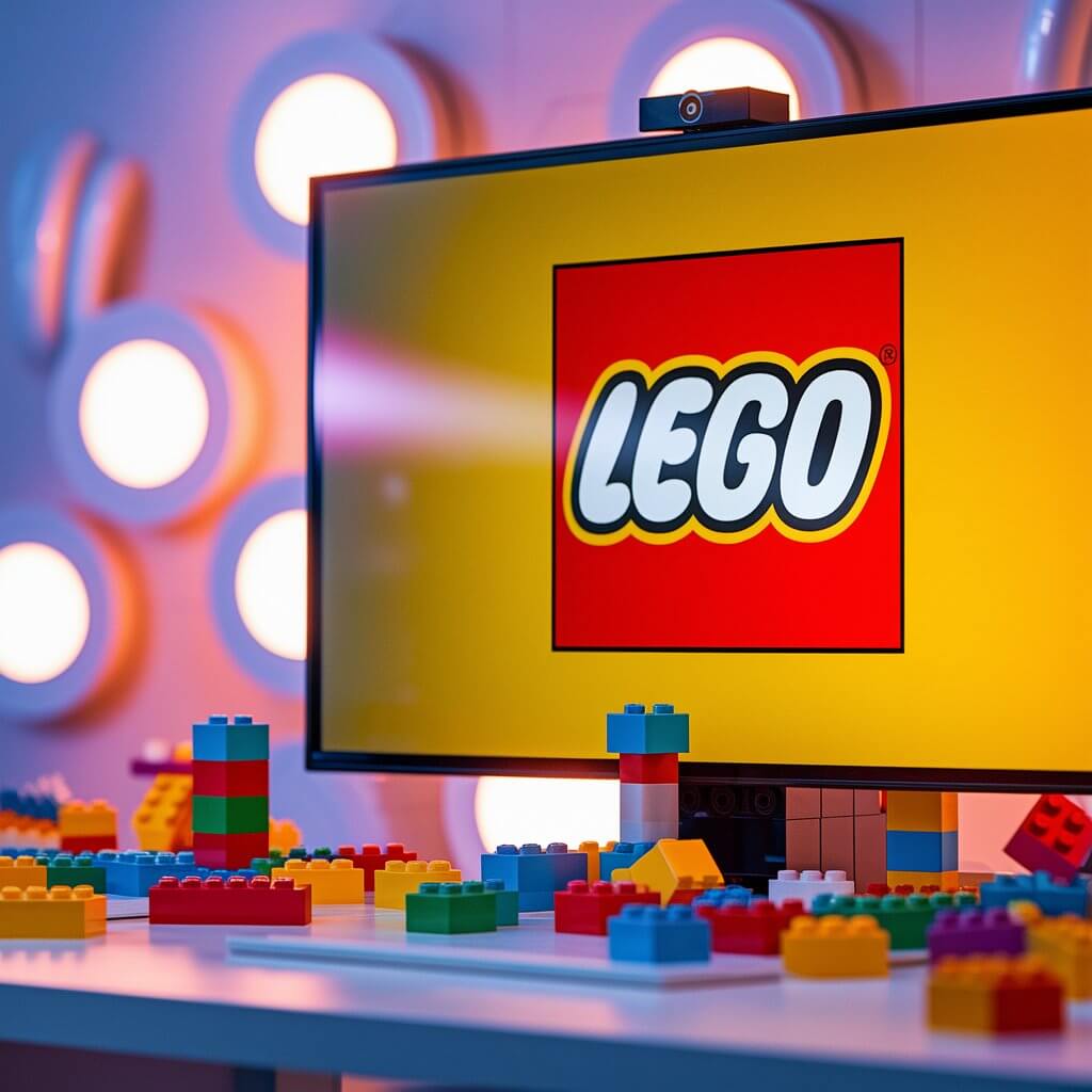 A computer screen displays the LEGO logo, surrounded by colorful LEGO bricks on a desk with circular lights in the background.