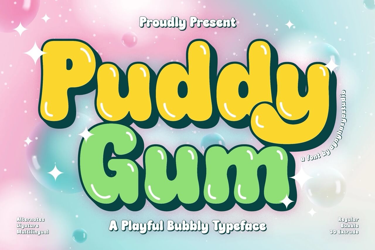 7 Bubble Font Design: Letters & Bubble Writing 3 Colorful, playful typeface design titled "Puddy Gum," featuring bold, bubbly text with a pastel background, highlighted by sparkling effects.