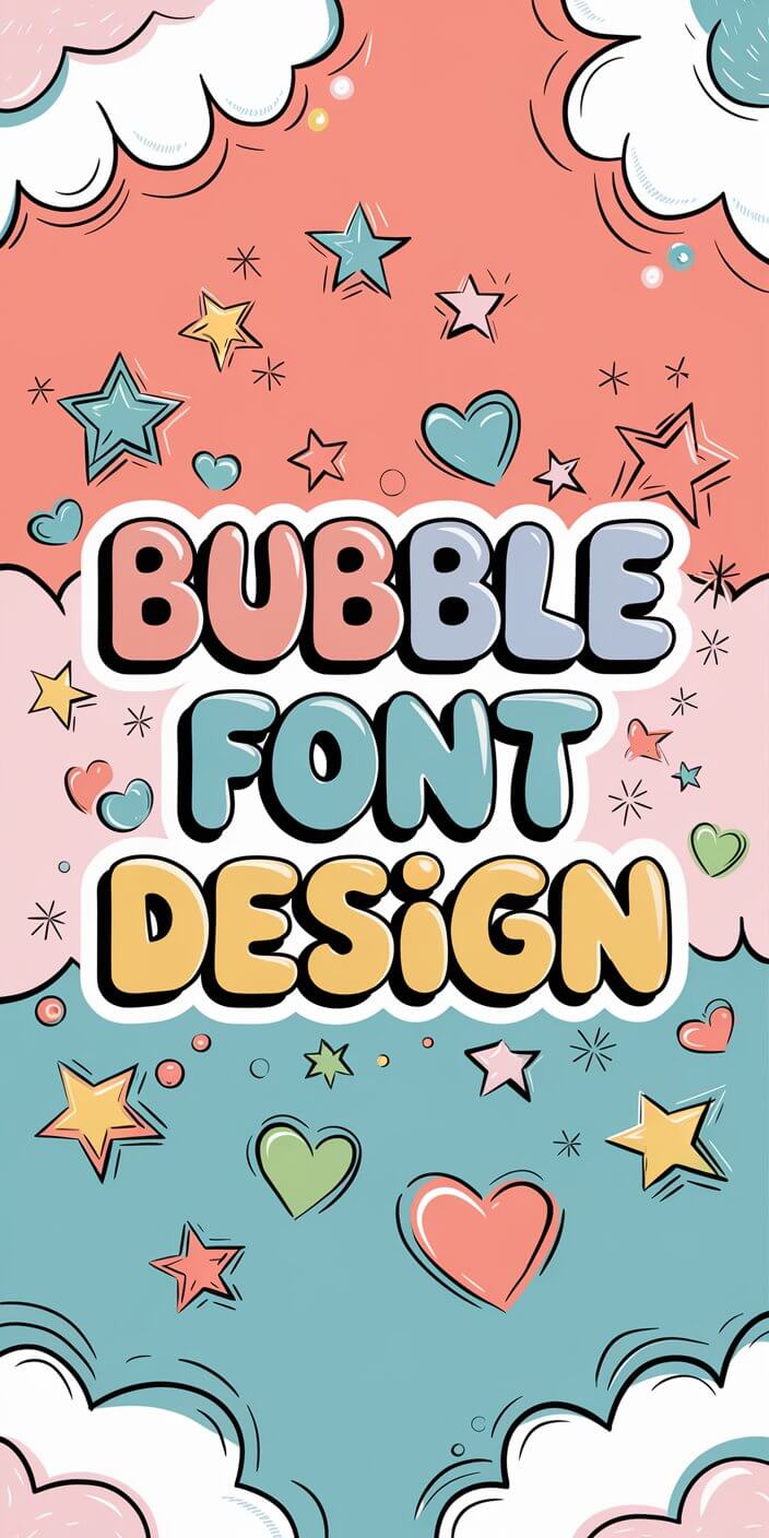 7 Bubble Font Design: Letters & Bubble Writing 2 Colorful, cartoonish design featuring the words "Bubble Font Design" surrounded by clouds, stars, and hearts on a pastel background. Playful and whimsical style.