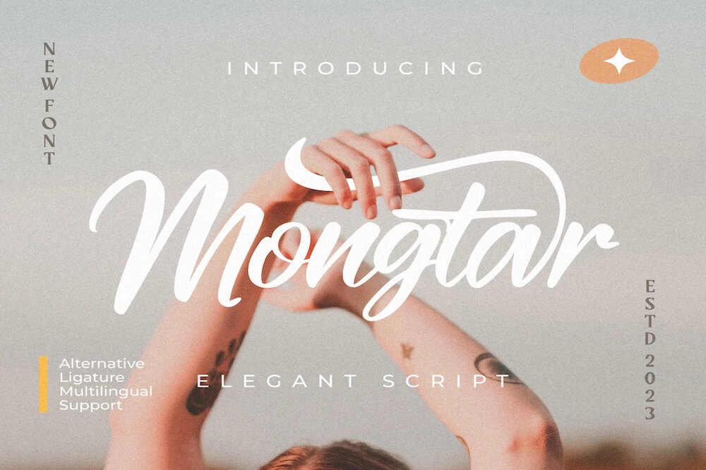 17 Fonts With Tails: Swash Fonts for Cricut 2 A person’s hands are raised against the sky, showcasing the font "Mongtar," described as new, elegant, and multilingual, with alternative ligatures.