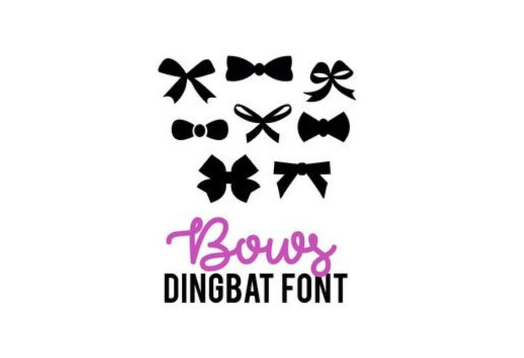 Nine black bow illustrations above text reading "Bows Dingbat Font" in black and purple on a white background.