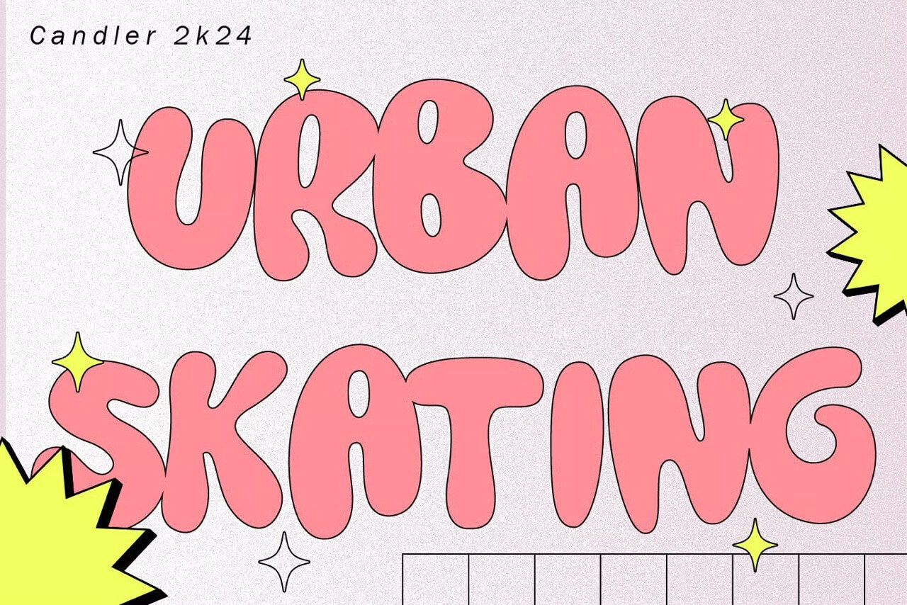 7 Bubble Font Design: Letters & Bubble Writing 4 Bold, pink bubble letters spell "Urban Skating" with stars and bursts on a light background, accompanied by the text "Candler 2k24."