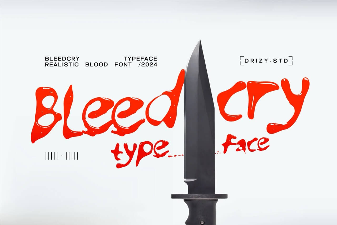 Knife beside "Bleed Cry" text in red, styled as blood. Text promotes a realistic blood font for 2024. White background, minimalistic design.