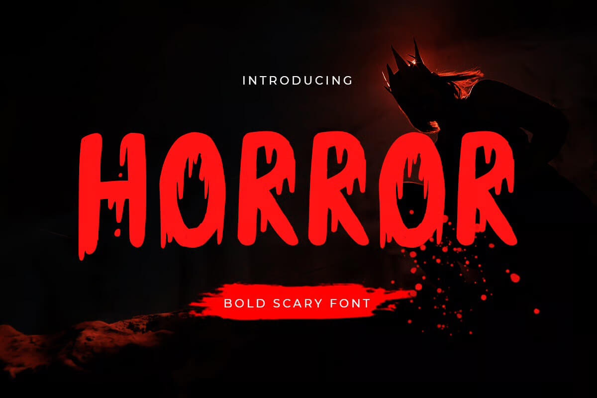 Silhouette of a person wearing a crown against a dark background. Red text reads "Horror" with a tagline "Bold Scary Font."