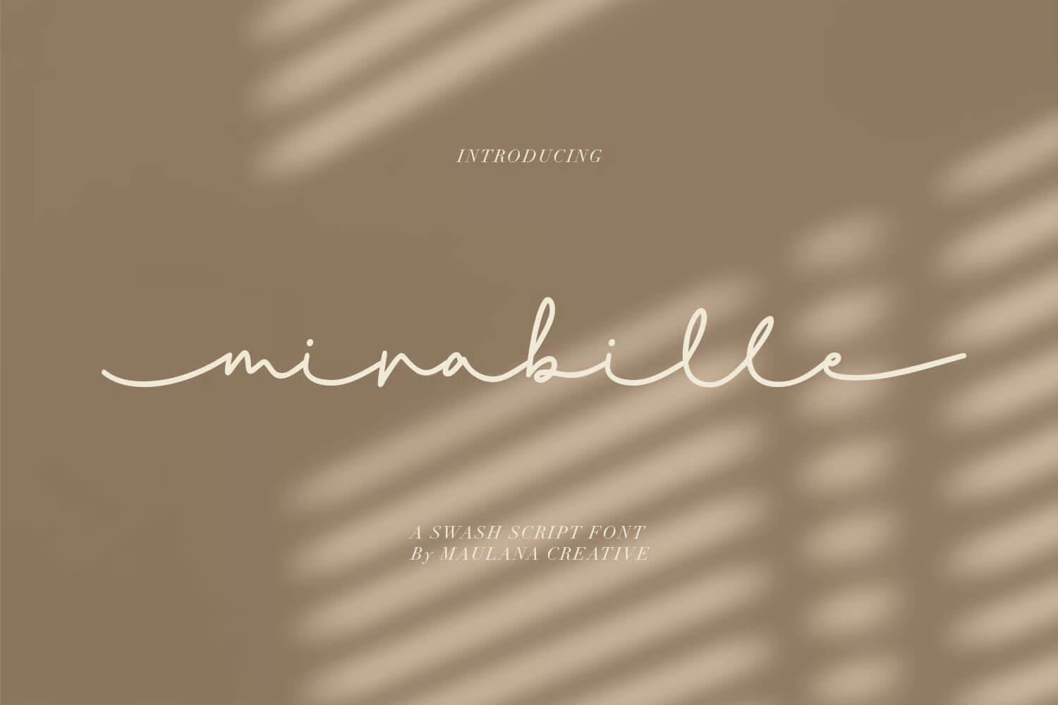 17 Fonts With Tails: Swash Fonts for Cricut 4 Minimalist beige design featuring elegant cursive text "Minabille," highlighting a swash script font by Maulana Creative; background with soft light stripes.