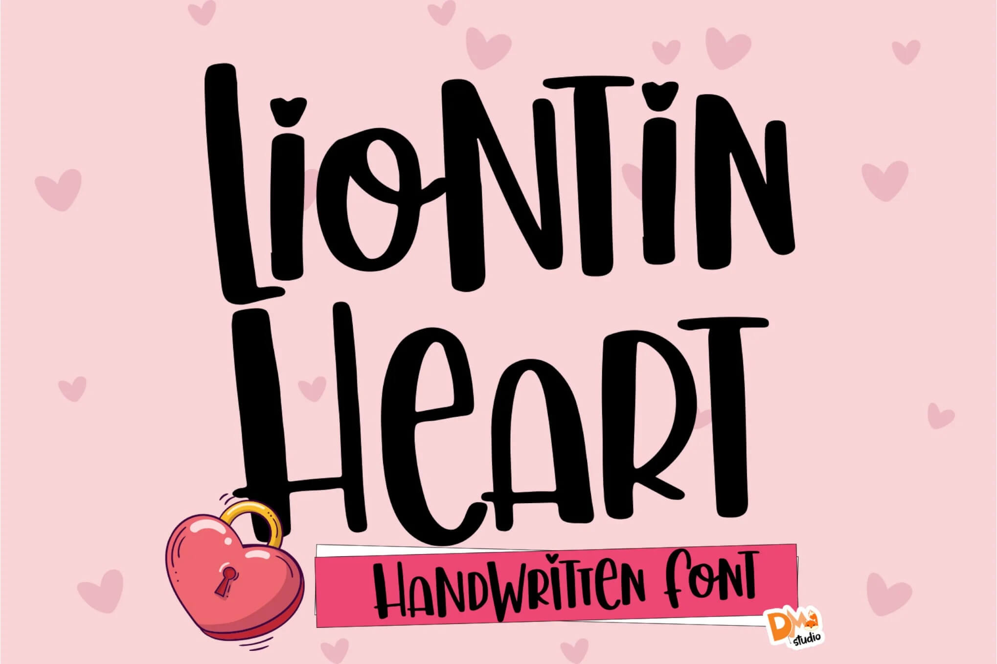 Bold, playful "Liontin Heart" handwritten font displayed on pink background with scattered hearts. A heart-shaped padlock illustration adds charm.