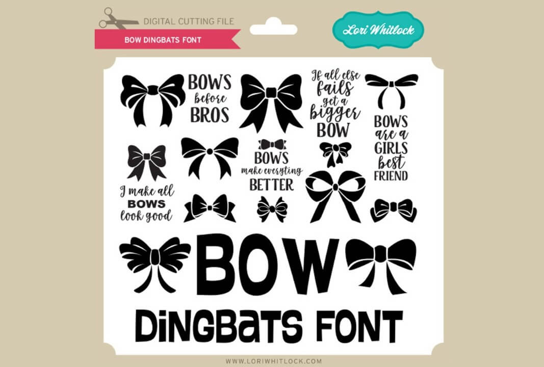 Various bow illustrations and phrases, such as "Bows before bros," feature in this digital cutting file for crafting projects.