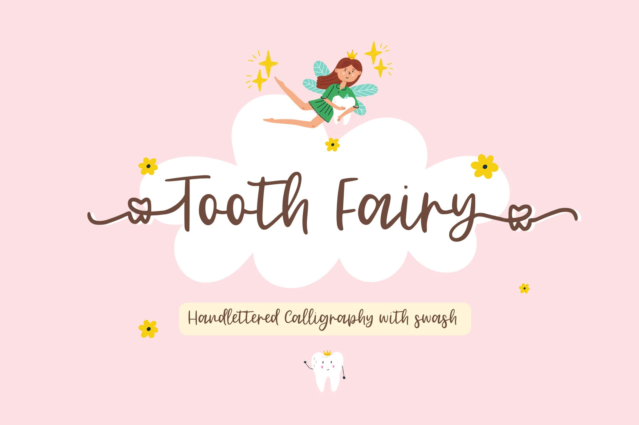 17 Fonts With Tails: Swash Fonts for Cricut 6 Pink background with a fairy holding a tooth, surrounded by flowers. Text reads "Tooth Fairy" in playful calligraphy style.