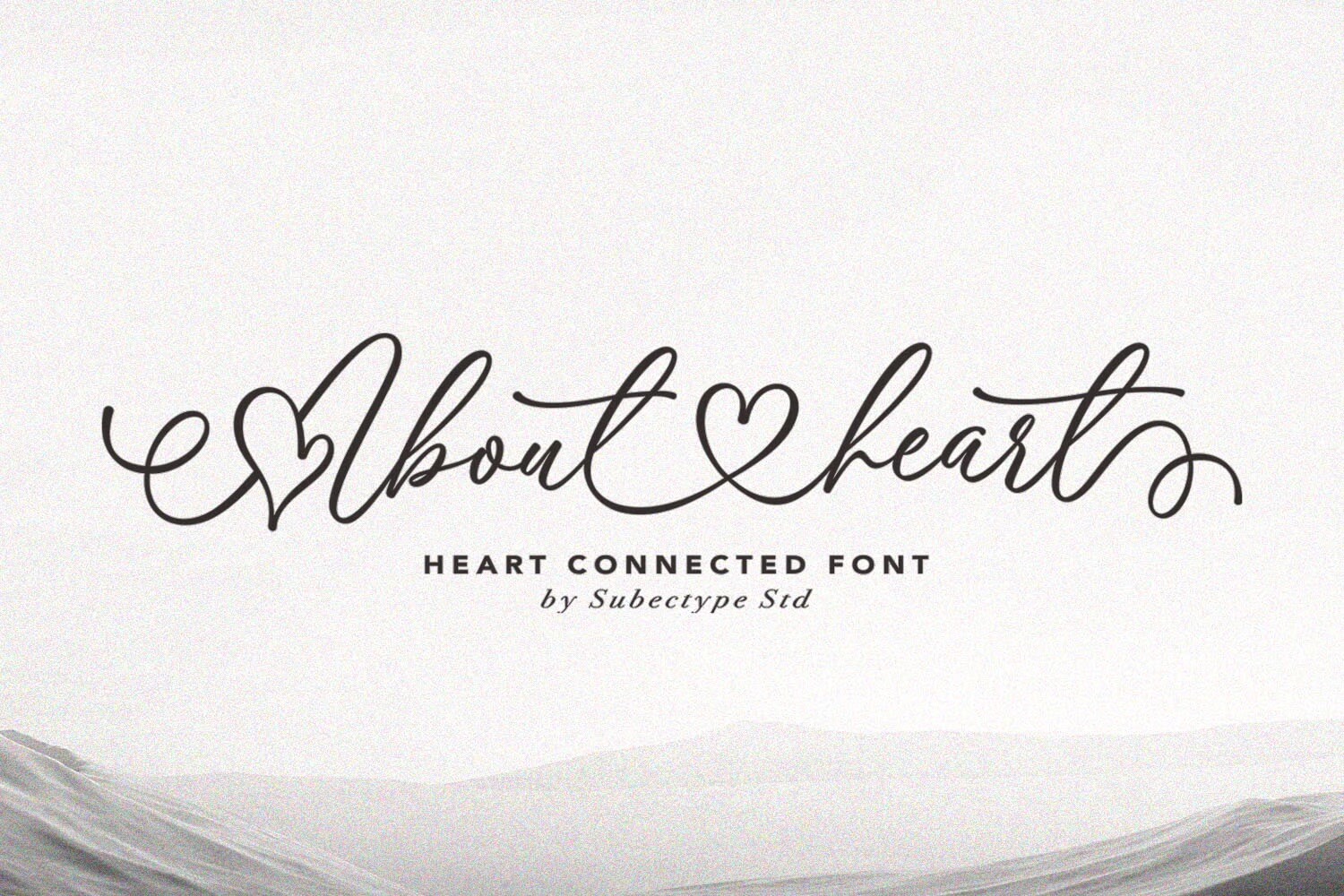 Elegant script font "About Heart" with heart motifs, designed by Subectype Std. Background features abstract, wavy gray shapes.
