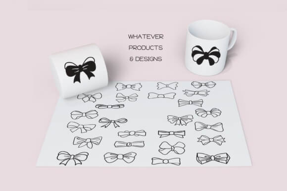 A collection of bow illustrations displayed on paper, cup, and tape packaging against a pink background. Text reads "WHATEVER PRODUCTS & DESIGNS."