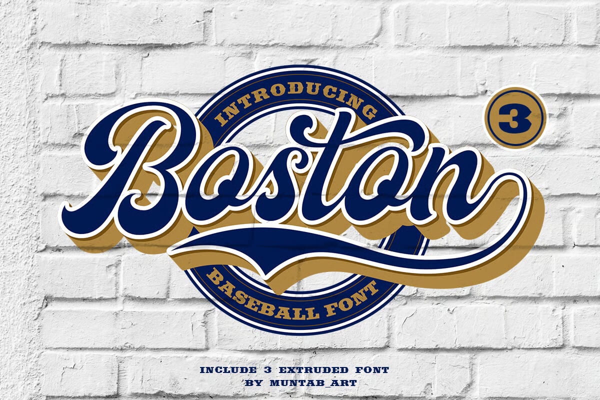 17 Fonts With Tails: Swash Fonts for Cricut 8 Baseball-themed graphic featuring bold, stylized “Boston” text on white brick background. Promotes a vintage, sporty aesthetic with classic extruded font style.