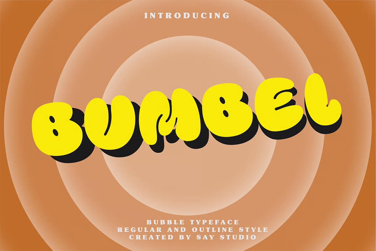 7 Bubble Font Design: Letters & Bubble Writing 9 Bold yellow letters spell "Bumbel" in bubble typeface against brown concentric circles. Text below describes font characteristics by Say Studio.