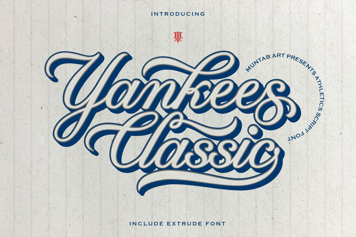 17 Fonts With Tails: Swash Fonts for Cricut 9 Decorative script font advertisement for "Yankees Classic" by Muntab Art. Features elegant blue lettering on textured background, highlighting an athletic script style.