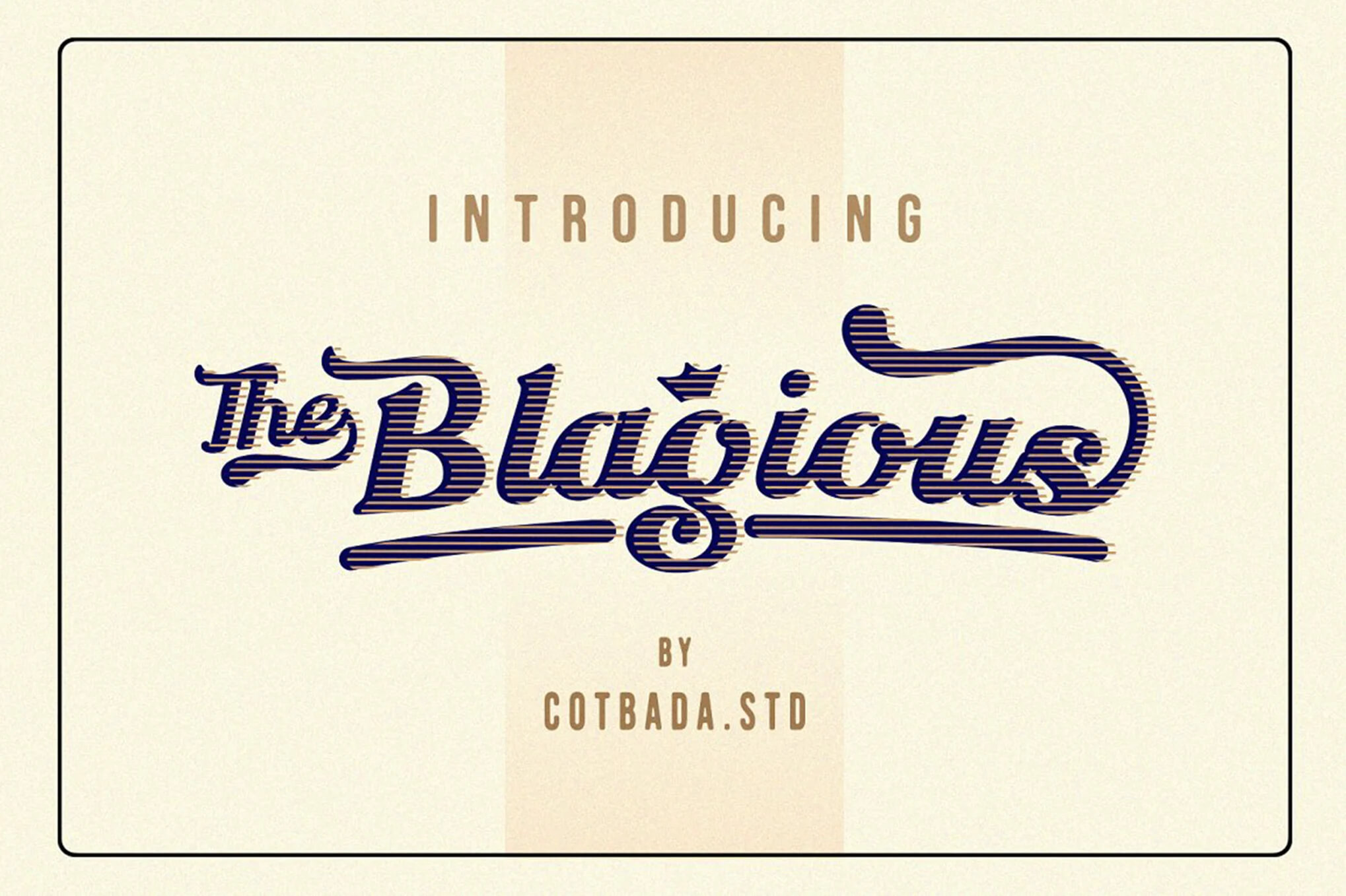 17 Fonts With Tails: Swash Fonts for Cricut 10 Vintage-style typography promoting "The Blagious" by Cotbada.Std, featuring bold, striped letters in a retro design on a light background.