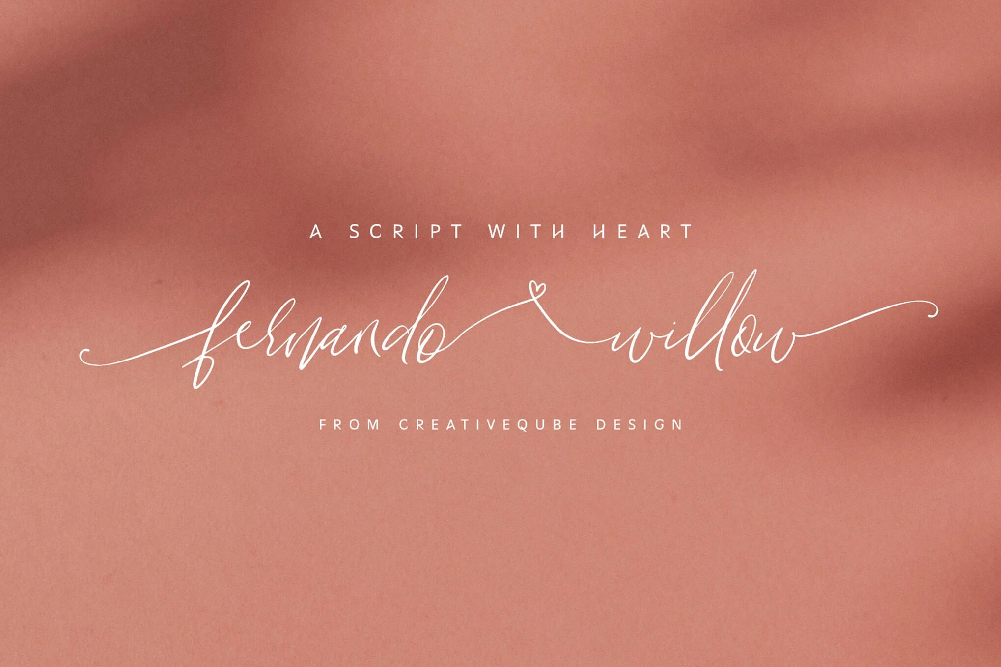 The image features elegant white script text reading "Fernando Willow" on a soft peach background, described as "a script with heart" by Creativeqube Design.