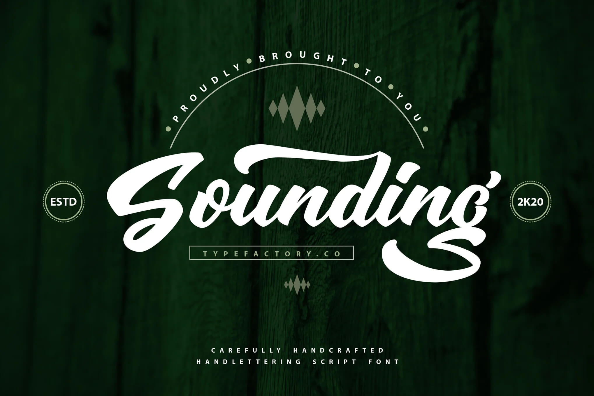 17 Fonts With Tails: Swash Fonts for Cricut 13 Stylish typographic design featuring the word "Sounding" in bold, scripted lettering over a dark green textured background. Decorative elements encapsulate the design.