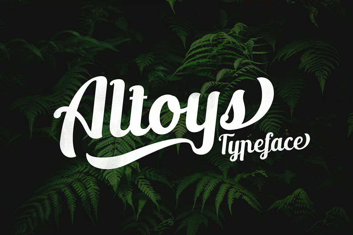 17 Fonts With Tails: Swash Fonts for Cricut 14 Stylized white script reading "Altoys Typeface" against a lush, dark green fern background, creating a contrast between text and foliage.