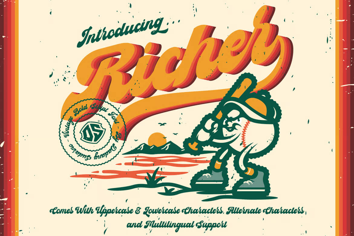 17 Fonts With Tails: Swash Fonts for Cricut 15 Vintage-style design featuring "Richer" text, a baseball character with a bat, and sunset over mountains. Includes multilingual support notice in retro fonts.